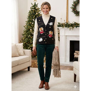 Vintage Women's Bobbie Brooks Black Gold Angel Christmas Vest Plus XL